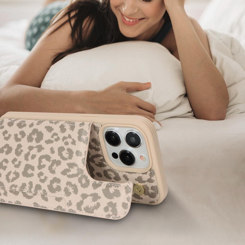 iCoverCase Compatible with iPhone 15 Pro Wallet Phone Case with Card Holder for Women Men, [RFID Blocking] Card Slots PU Leather Protective Wallet Case 6.1 Inch (Beige Leopard) - Image 5